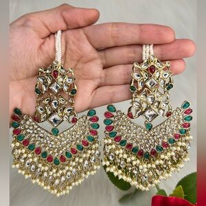 Elegant Wine Green & Gold Tayani Kundan Statement Earrings With Ear Chain
